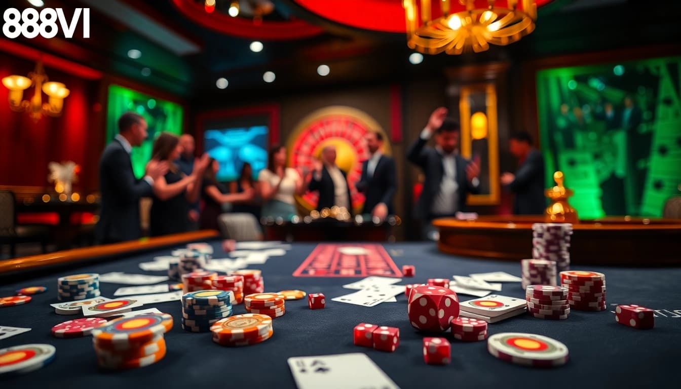 Experience high-stakes gaming action at 888VI with poker chips and a roulette wheel.