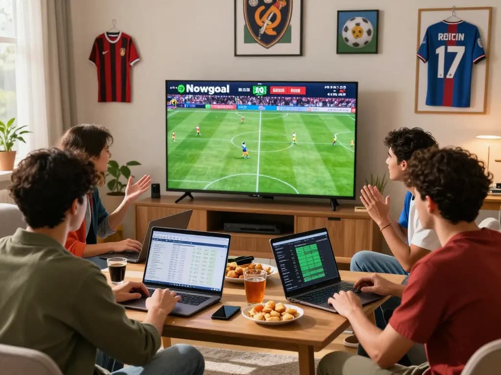 Friends watching live Nowgoal scores and analysis during a football match.