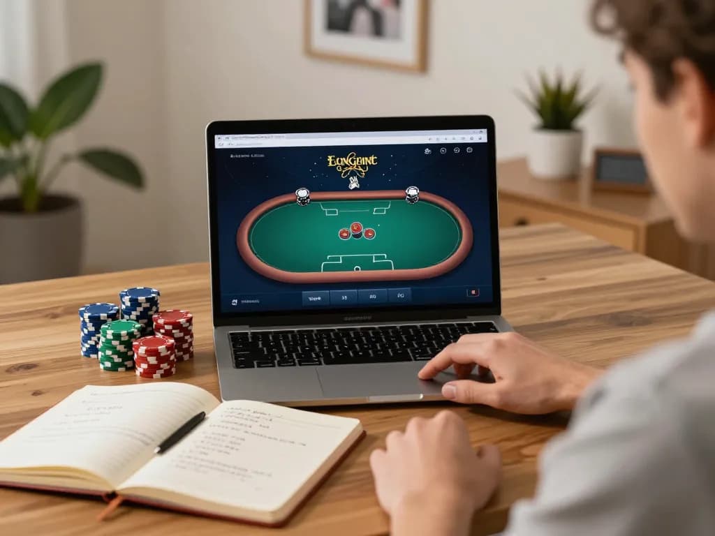 32win poker strategies actively researched in a cozy home gaming setup