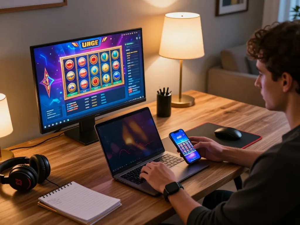 Engaging with slot88 online game on laptop while tracking strategy notes in cozy home setting