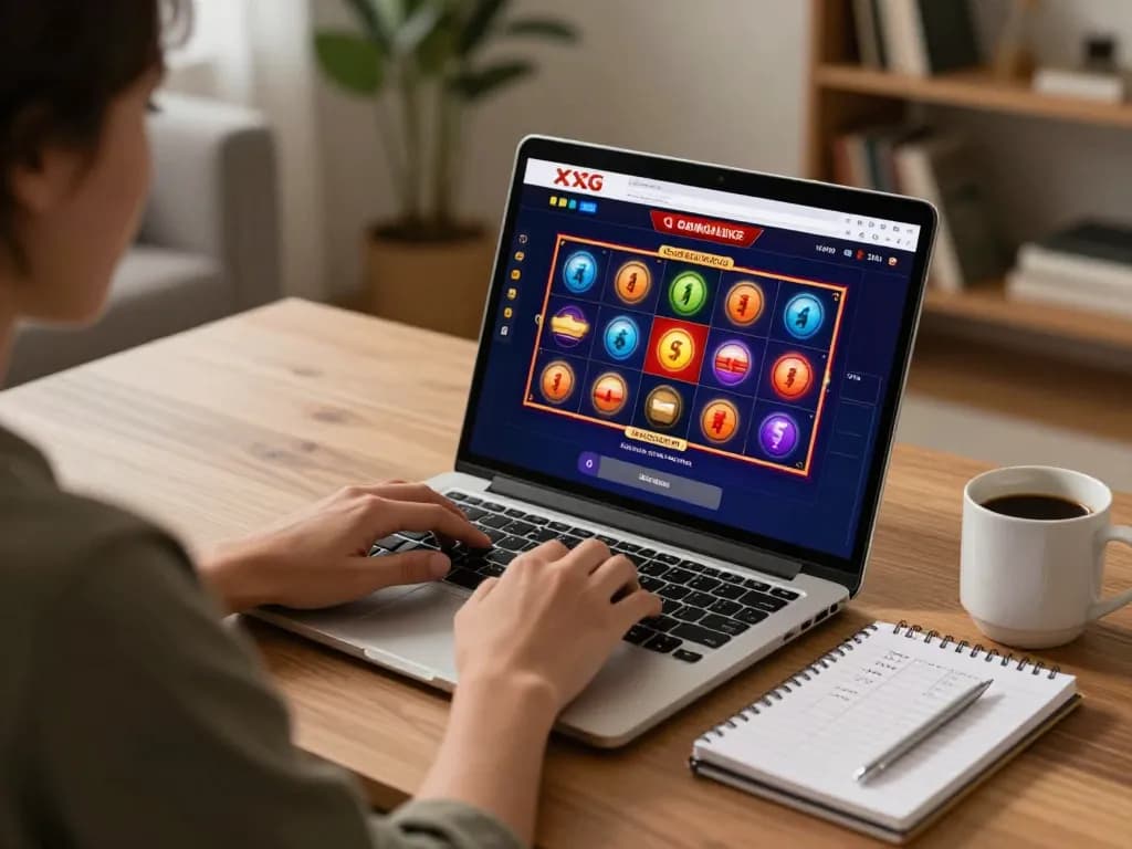 Person engaging with the XXGG online casino, spinning vibrant slot reels on a laptop in a cozy home environment.