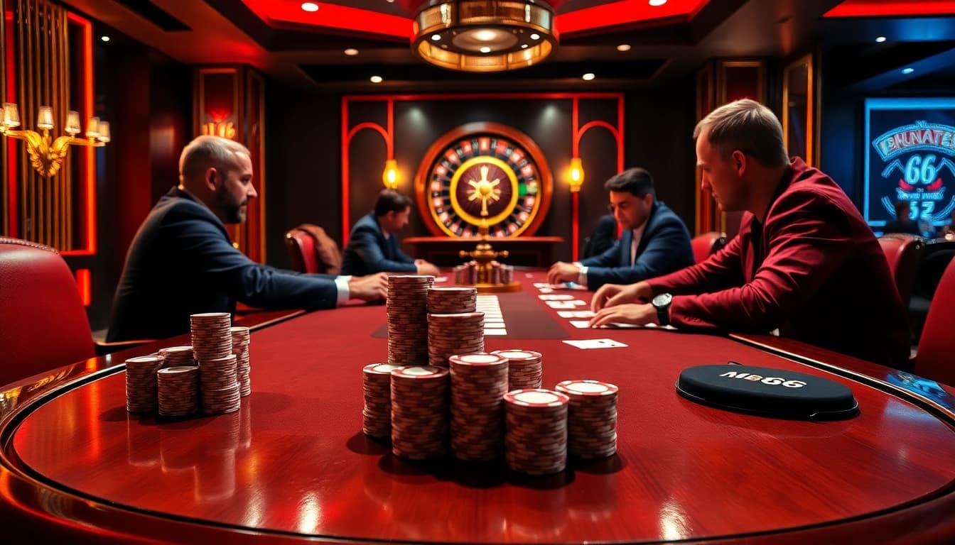 High-stakes poker table scene representing MB66 with vibrant chips and cards.