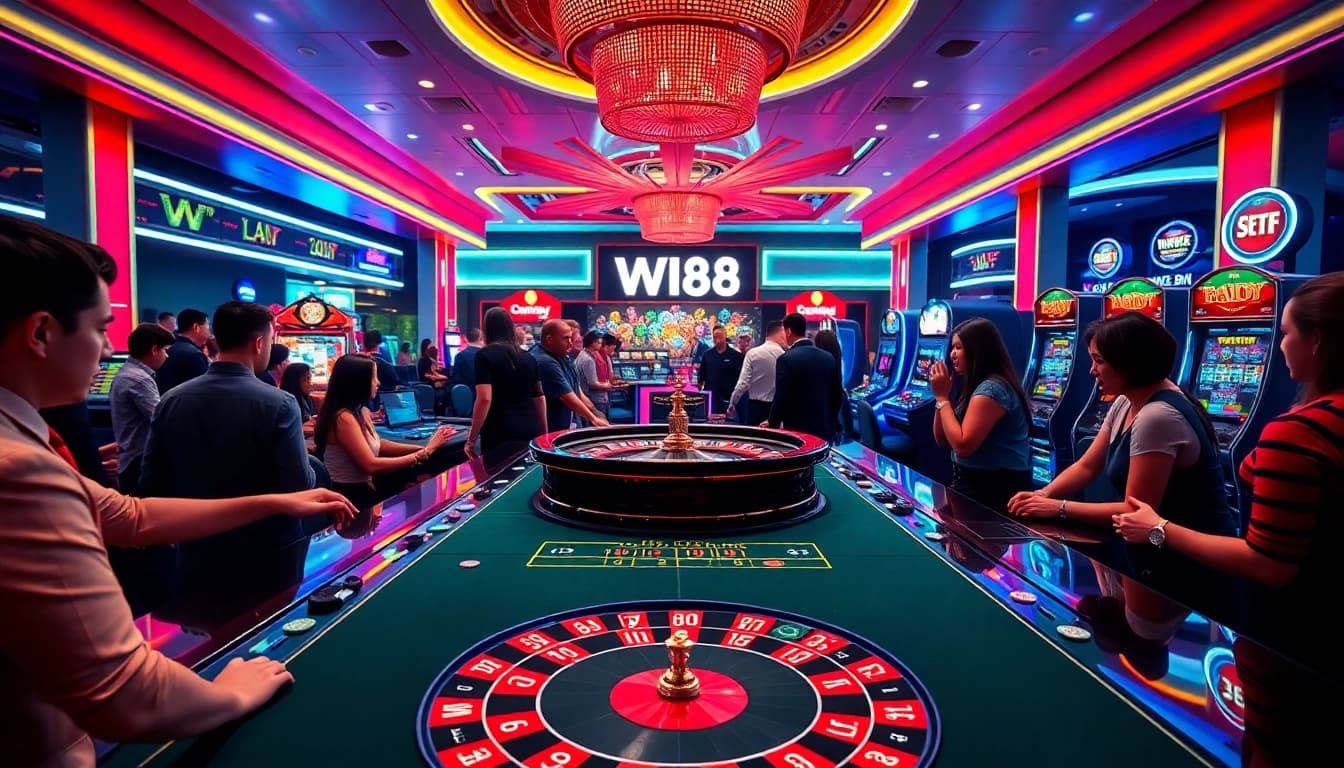 Experience thrilling gameplay at W188 with roulette wheels and vibrant poker tables.