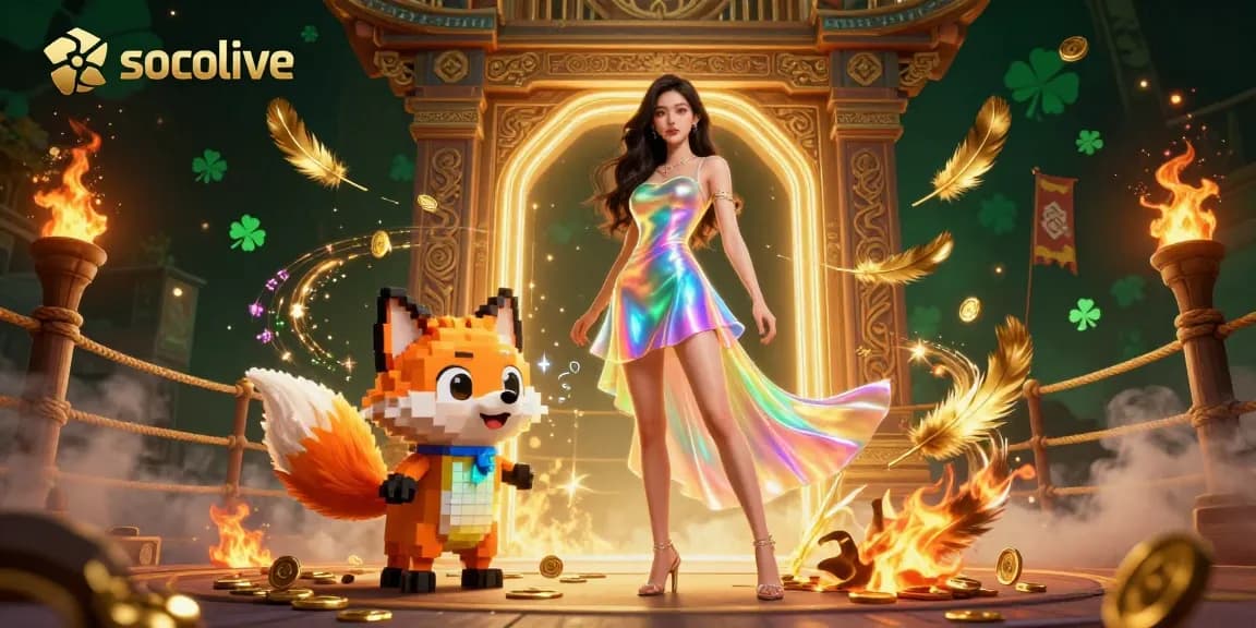 Socolive offers a vibrant scene of a woman in a holographic dress with a vibrant pixel fox in a dynamic gambling atmosphere.