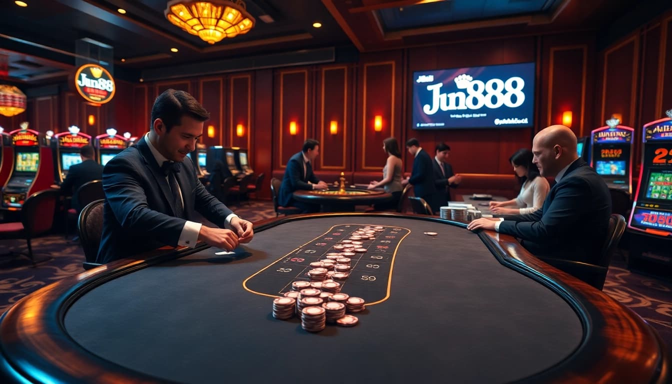 Exciting poker game at Jun88 casino table with vibrant chips and cards.