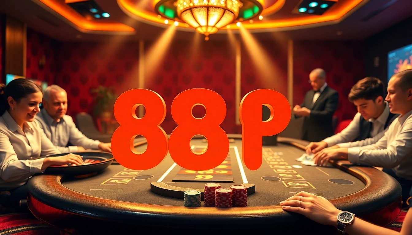 A dynamic casino scene highlighting 888 P, with players engaging in high-stakes poker and vibrant casino elements.