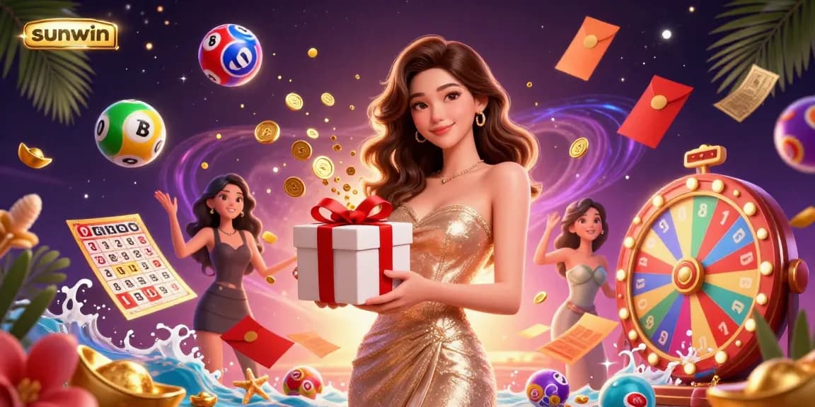 Spin and win at Sunwin with an inviting Asian woman celebrating with golden coins and festive elements.