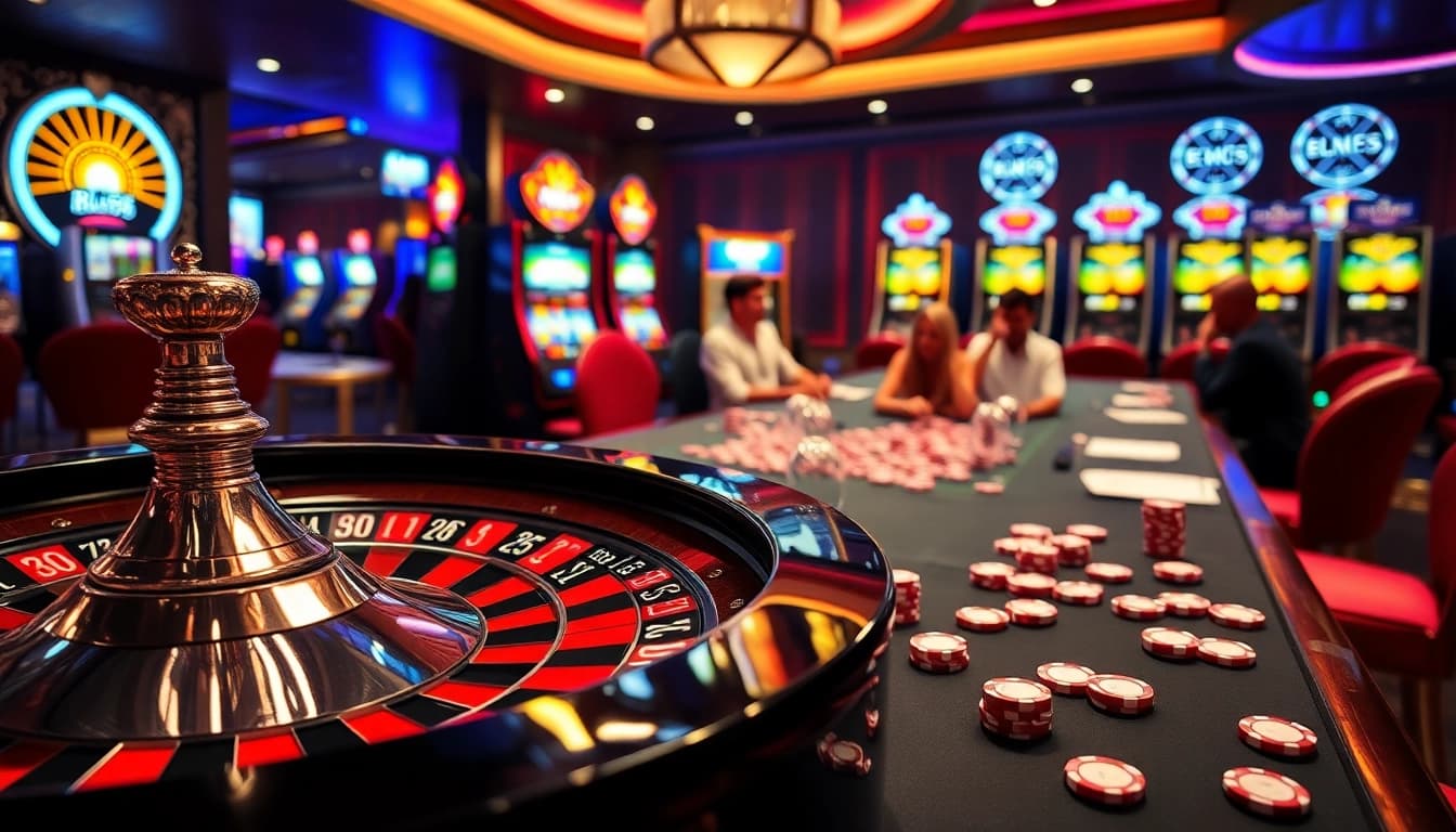 Exciting game action at Bl555 casino with roulette and poker chips.
