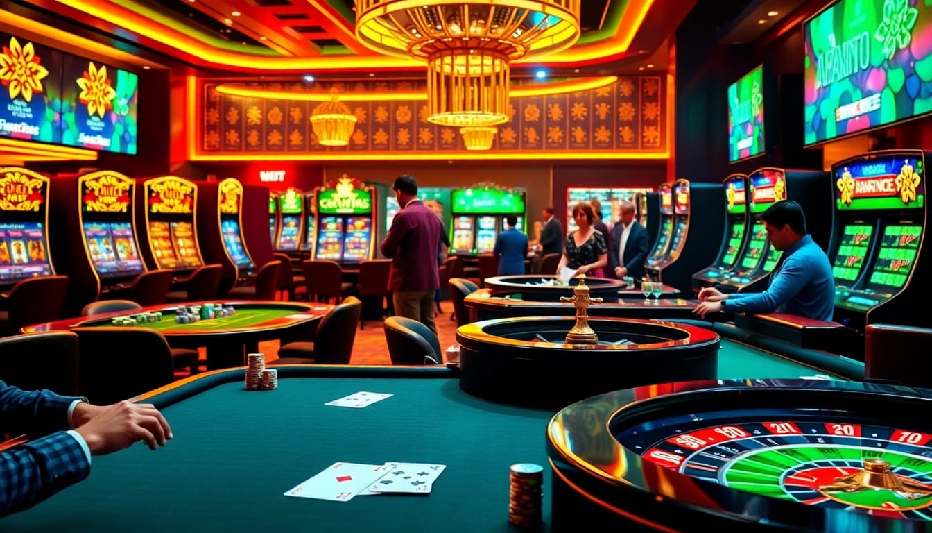 KJC gamblers enjoying a thrilling casino experience with poker, roulette, and vibrant slot machines.