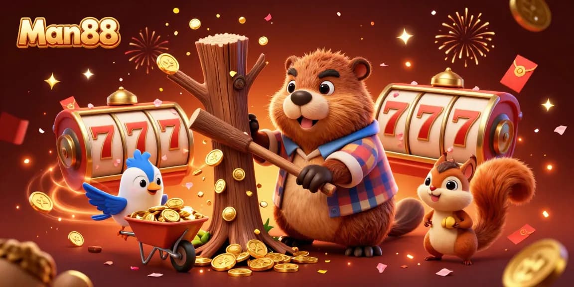 Win big with Man88 in this vibrant casino-themed 3D illustration featuring exciting lucky symbols.