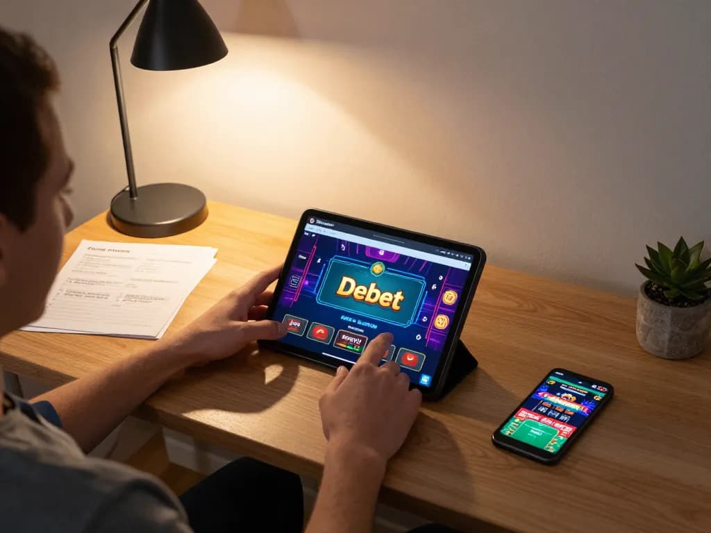 Engaging with online gambling on Debet using a tablet in a cozy home setup.