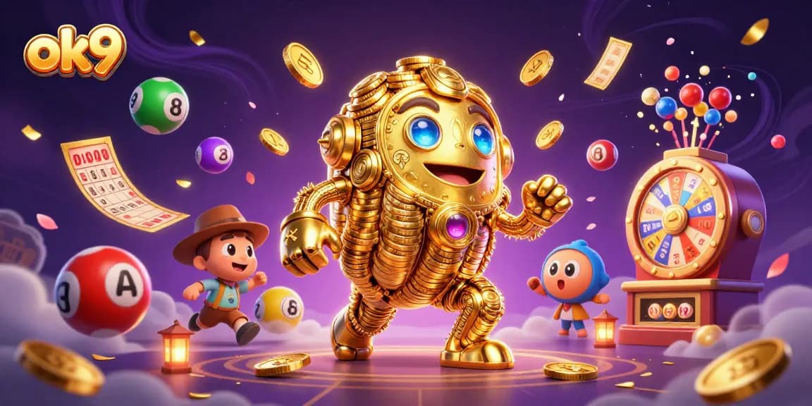 Experience thrilling moments with ok9 in this vibrant casino illustration filled with lucky charms and games.
