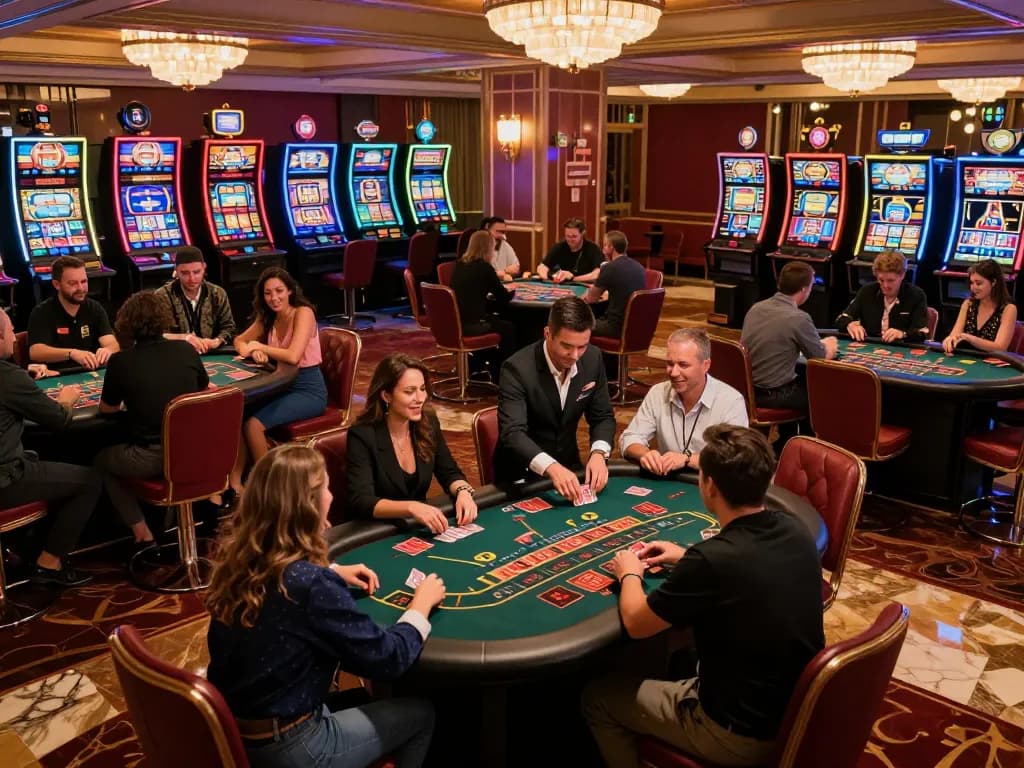 Players engaging at blackjack tables in a lively casino featuring VB88 strategic gameplay moments.