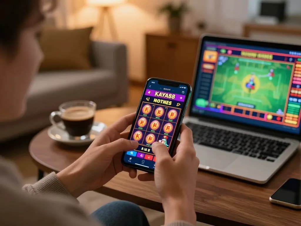 KAYA88 player enjoying exciting slot gameplay on mobile device in cozy home setting.