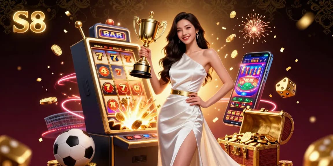 S8 casino game scene with a victorious Asian woman holding a trophy amidst vibrant gambling elements.