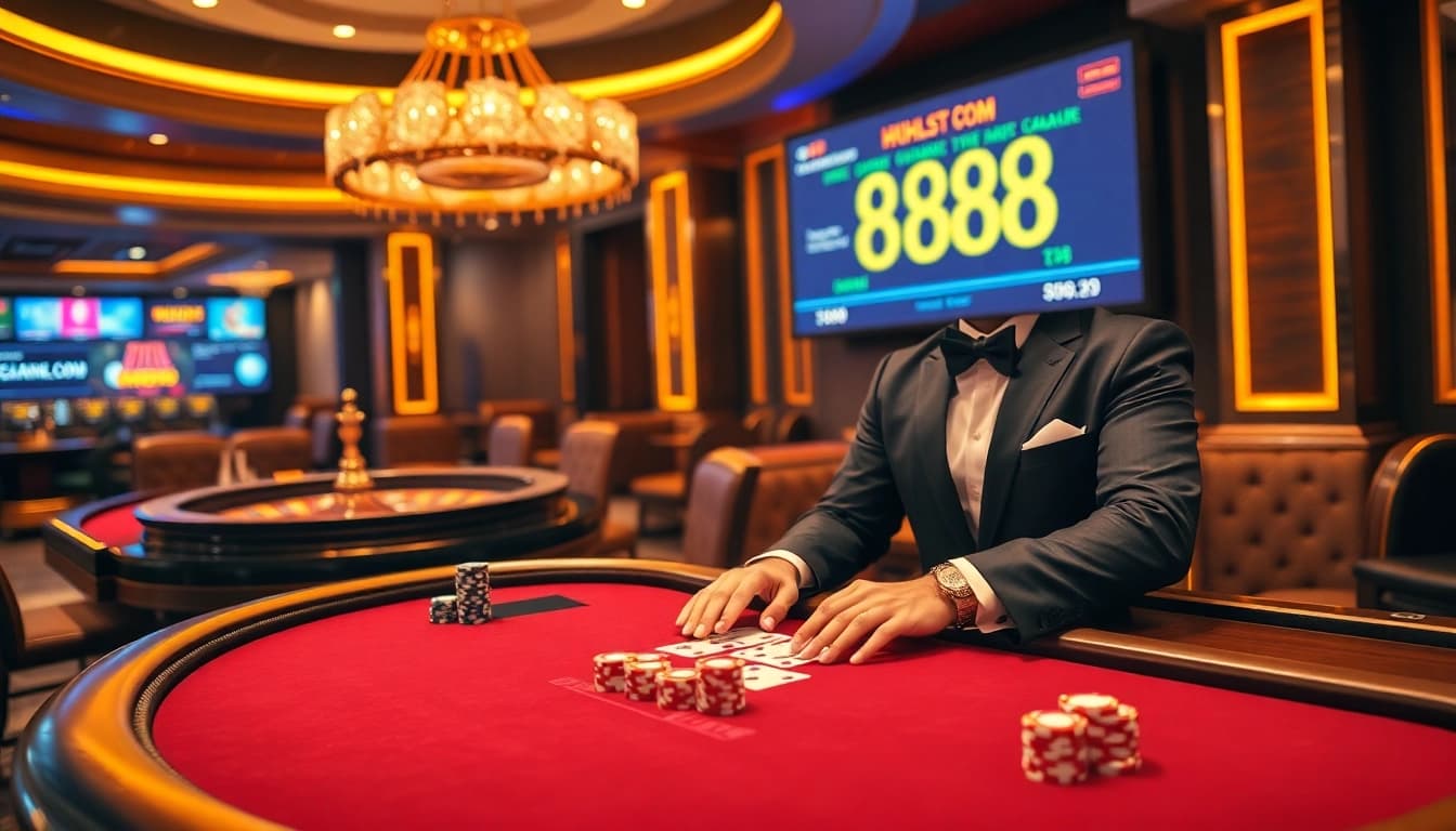Engage with thrilling games at 888new com, showcasing an elegant blackjack table with vibrant poker chips and cards.