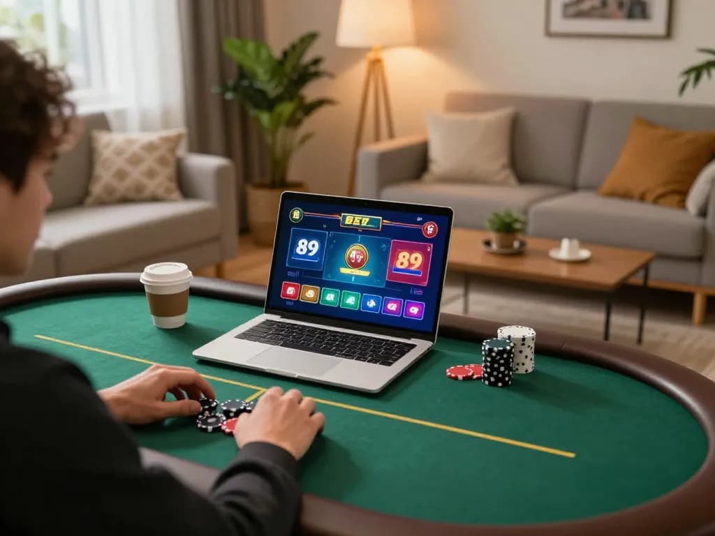 Player engaging in a thrilling online poker game with 89 bet displayed on screen, showcasing a cozy home gaming atmosphere.