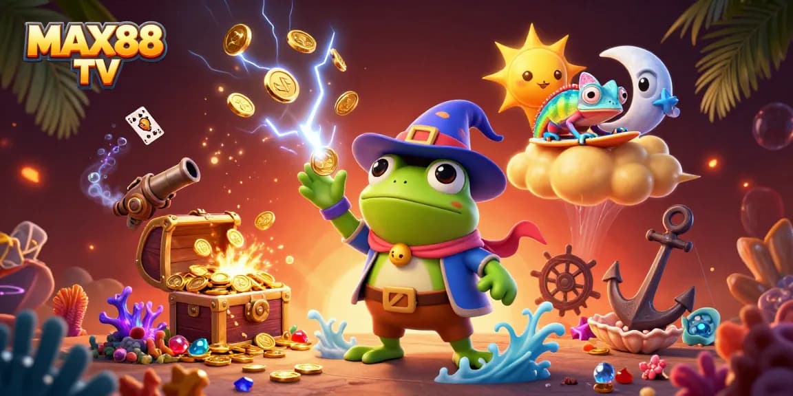 Experience exciting casino action with MAX88 TV as the weather wizard frog conjures golden coins amidst vibrant gaming elements.
