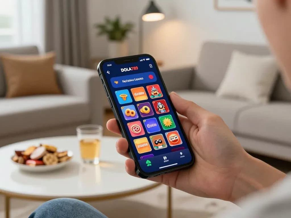 link vào DOLA789 on mobile app showcasing exciting casino games in a cozy home setting.