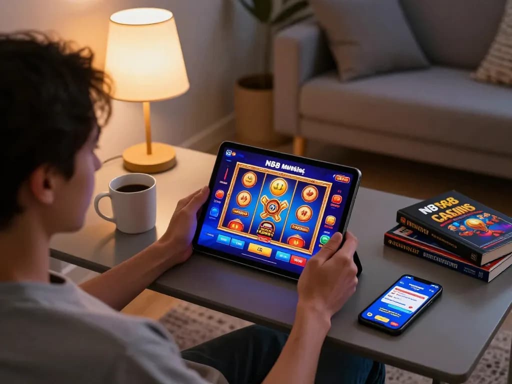 N88 mobile app user engaged in strategic online gaming from a cozy living room.