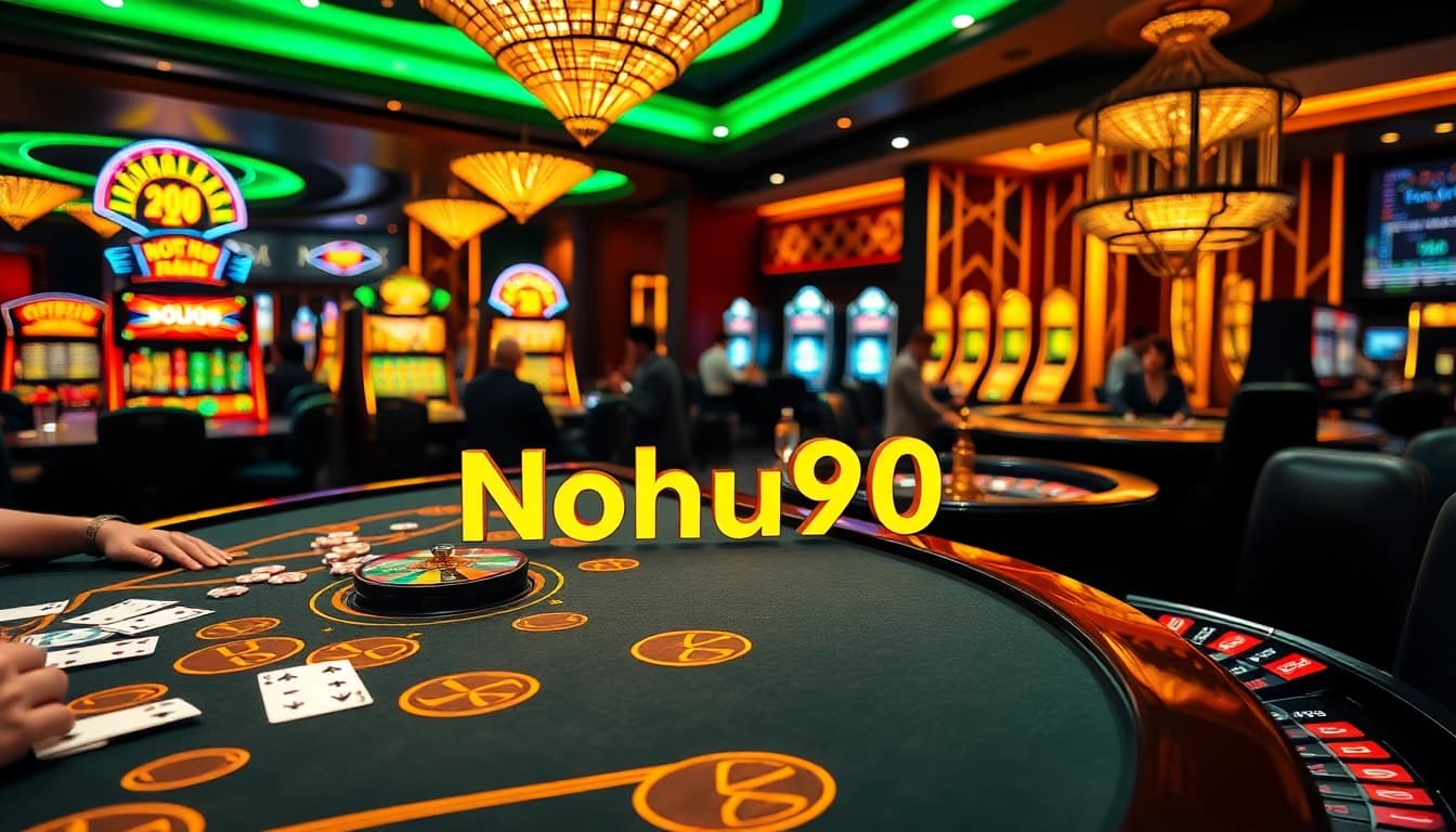 Nohu90 players enjoying an exciting game of poker at a luxurious casino table with vibrant decorations.