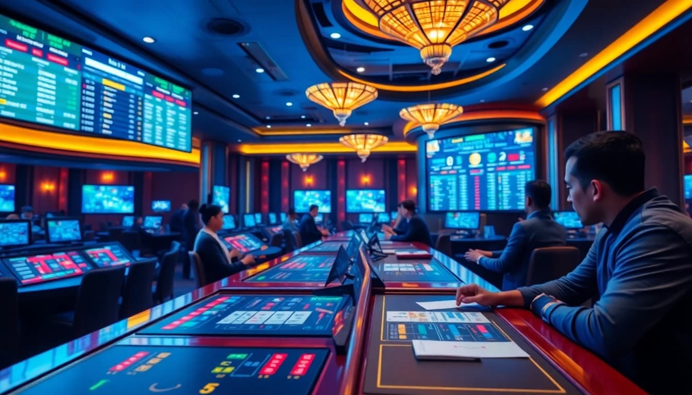 Engaging scene of a luxury casino displaying tỷ lệ kèo nhà cái on multiple betting screens.