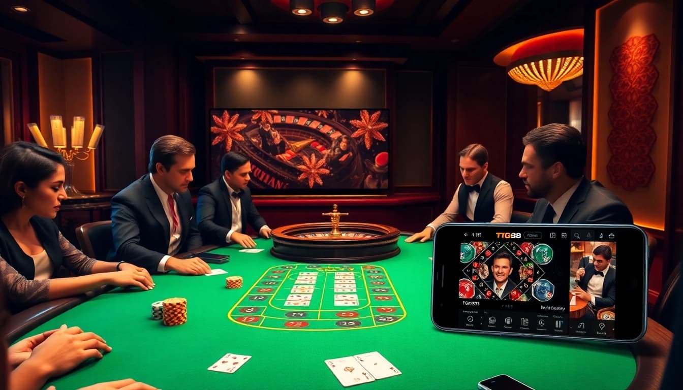 Players strategizing at a TG88 poker table under warm lighting, highlighting an exciting gambling atmosphere.