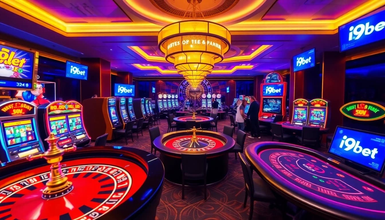 Engage in thrilling games at i9bet's luxurious online casino with vibrant slot machines and poker tables.