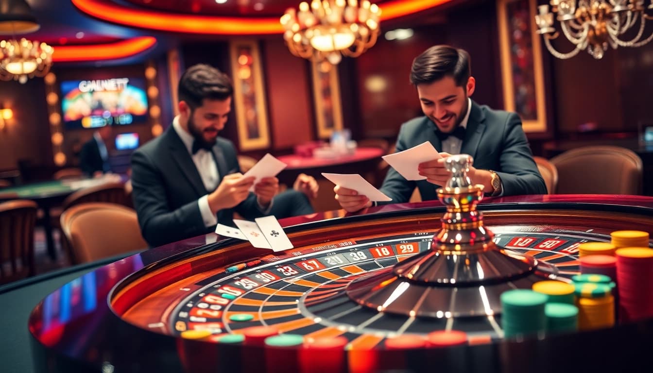 Kèo nhà cái 5 betting scene featuring roulette wheel, cards, and excited player analyzing bets.