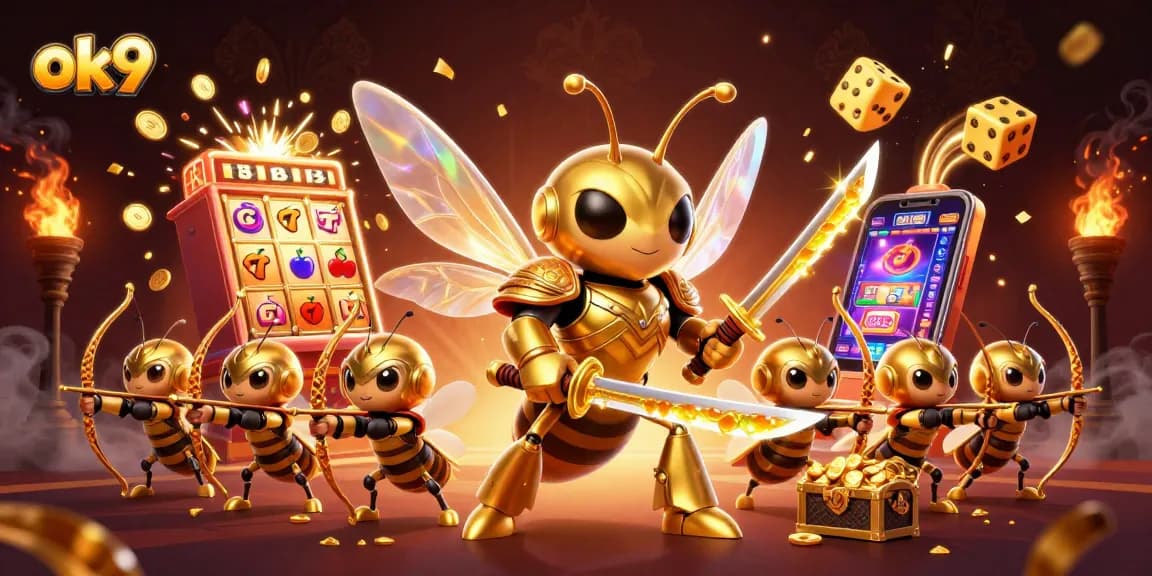 Spin the reels at ok9 with a cartoon hornet samurai, jackpot explosion, and thrilling casino elements.