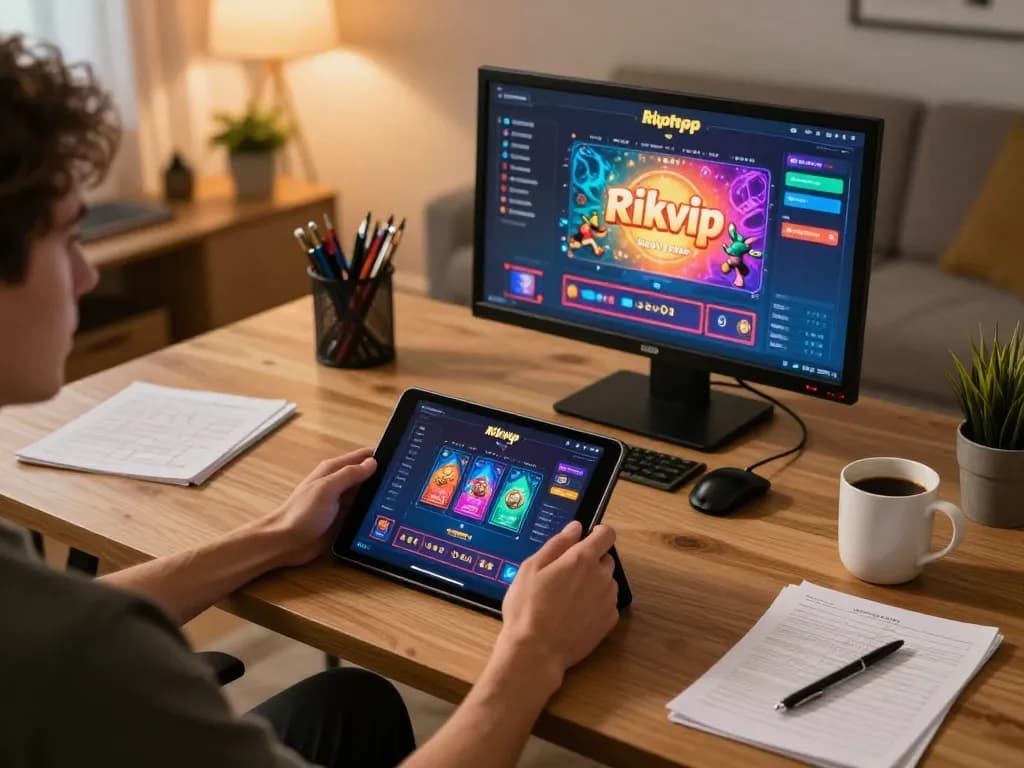 Player engaging with rikvip online casino on tablet, surrounded by strategy notes in a cozy setting