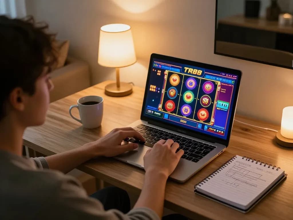 Player engaging in TR88 online casino gaming with laptop at home for an immersive experience