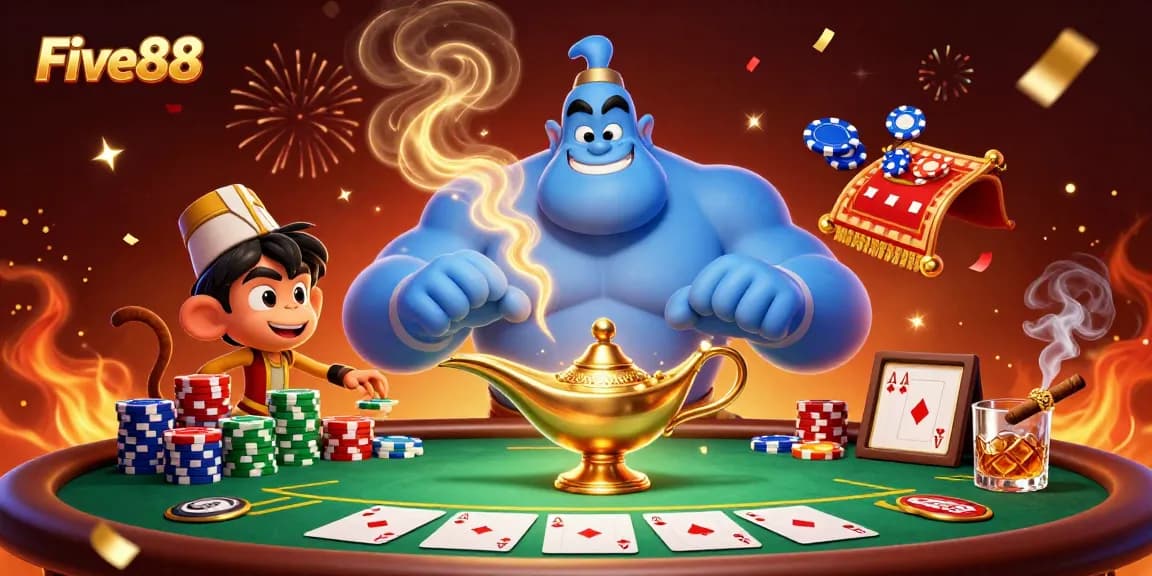 Experience the excitement of Five88 with a genie, poker chips, and vibrant casino elements.