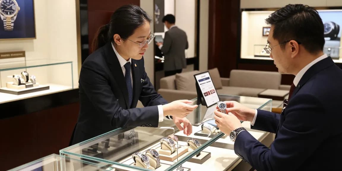 Replica watches showcased in a luxury retail environment with an engaged customer examining a high-end model.