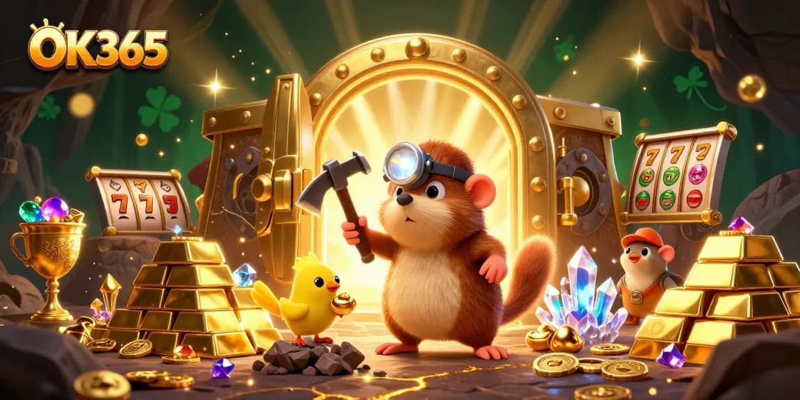 Join the adventure at OK365 with a treasure hunter and jewels in this vibrant casino scene.