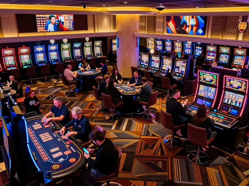 Players engaging with mobile devices while betting at TV88’s vibrant casino floor.