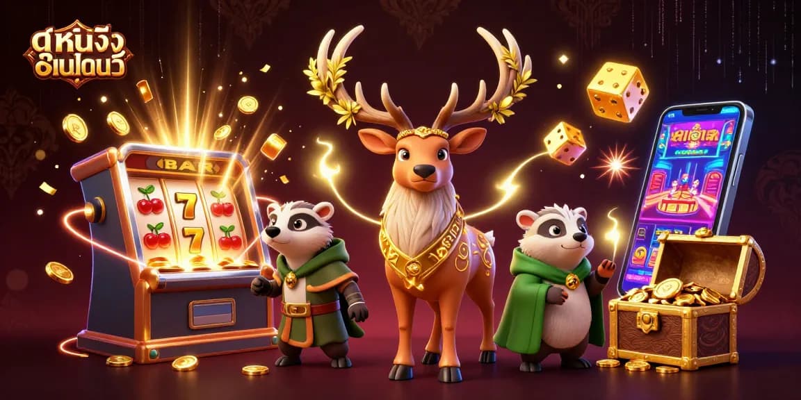 Engage in ดูหนังออนไลน์ with a vibrant casino scene featuring characters and jackpot elements.