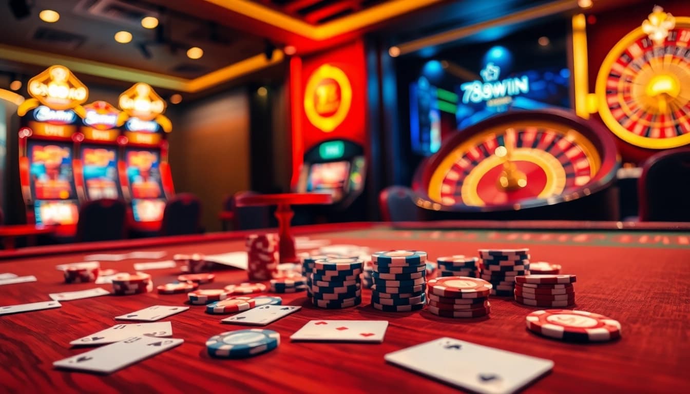 Experience the thrill of winning at 78WIN with vibrant casino tables, poker chips, and exciting gaming options.