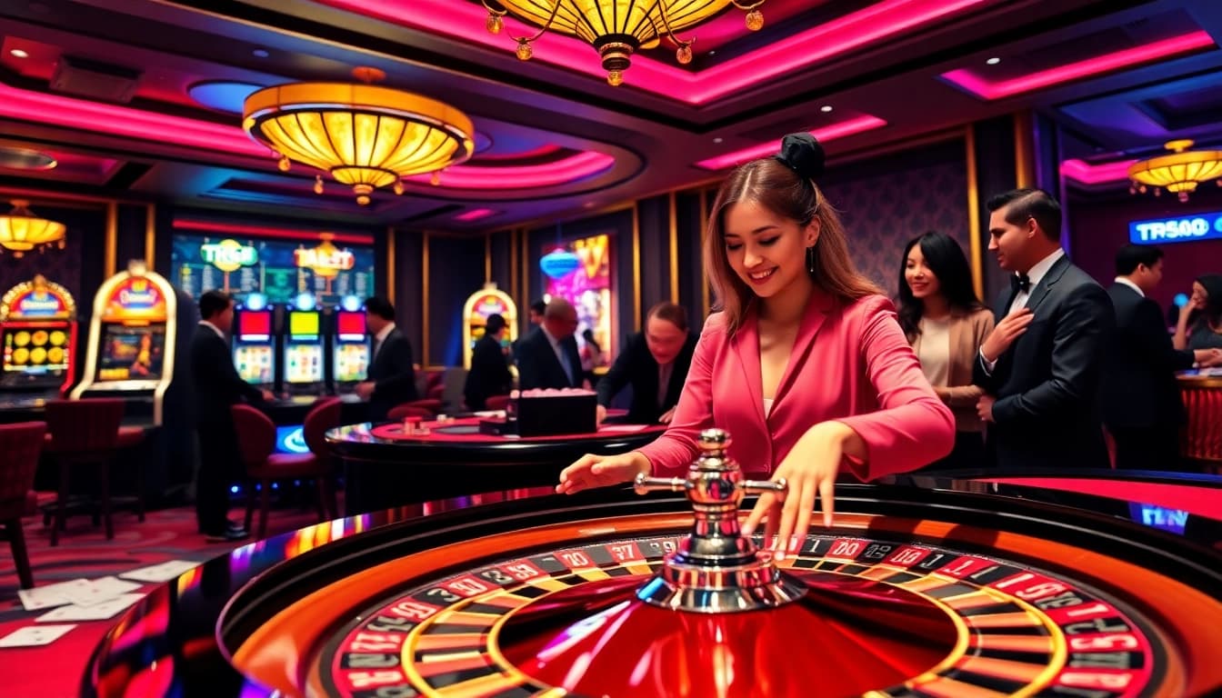 Engage with the TR88 link at a lively casino table featuring roulette, poker chips, and an enthusiastic dealer.