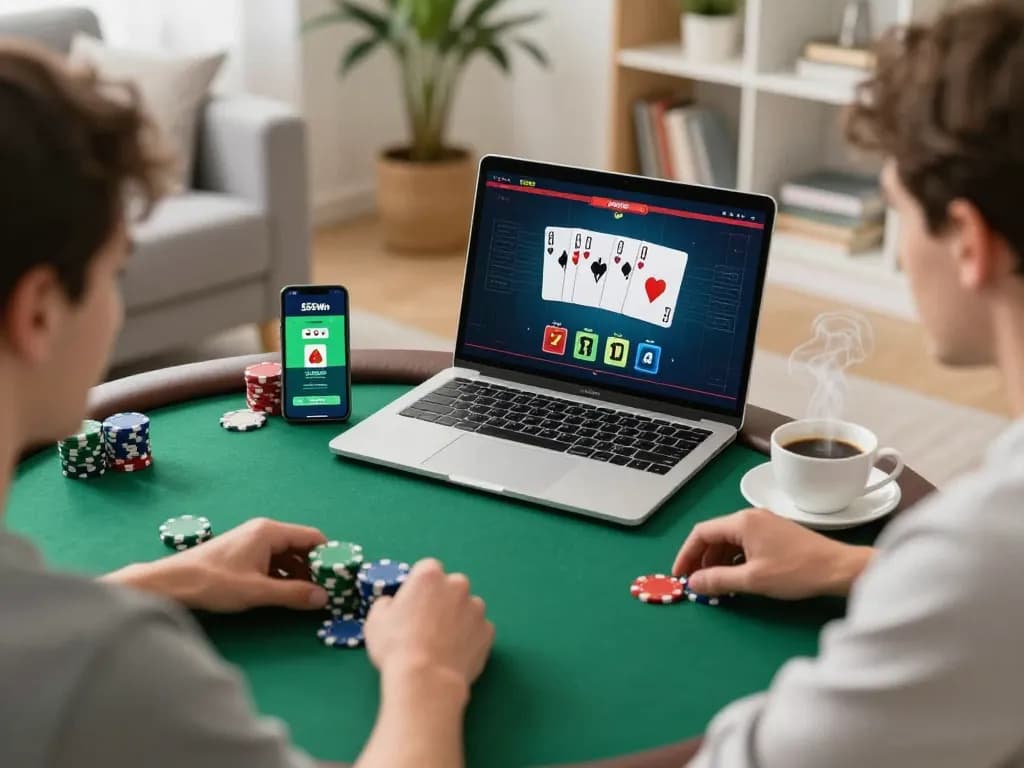Player strategizing in an online poker game on 555win, showcasing chips and a casino app on smartphone.