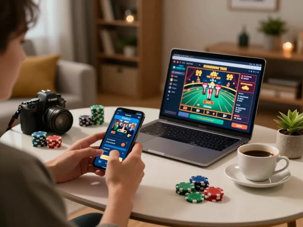 Engaging with the Sunwin app for online gaming, showcasing vibrant home setup.