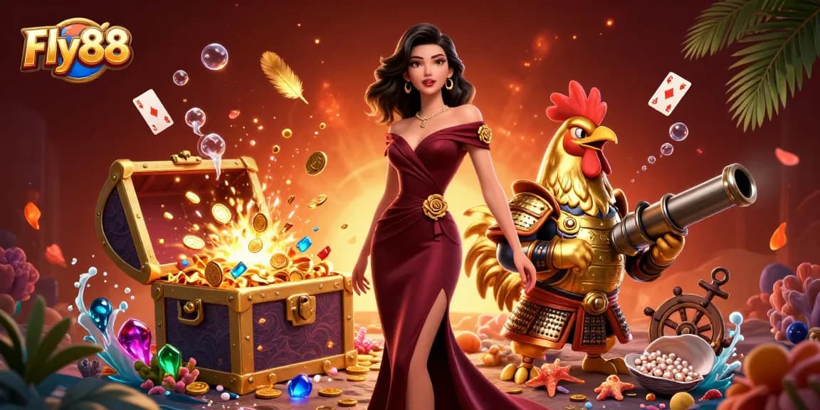 Experience the allure of Fly88 with exciting gems and gold in a vibrant casino scene.