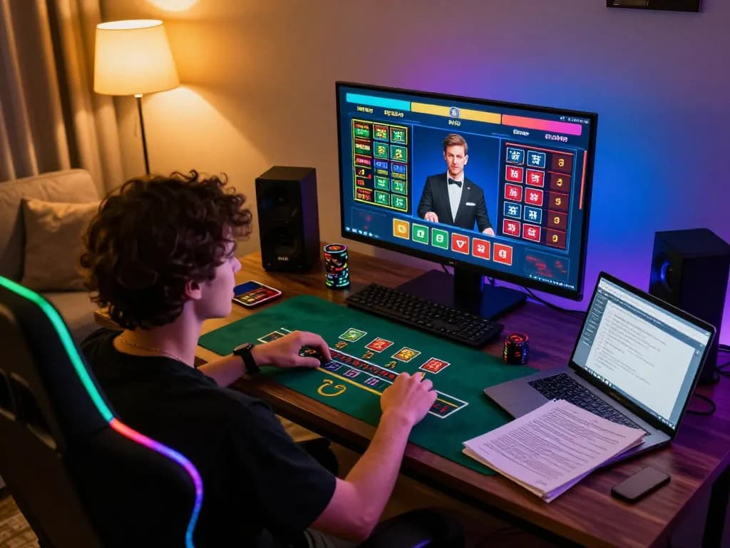 Player enjoying interactive blackjack game at sc88bn online casino with strategy notes near.