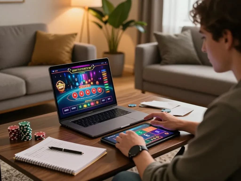 Engaging with online gaming at 23winn, featuring a cozy setup and vibrant casino interface.