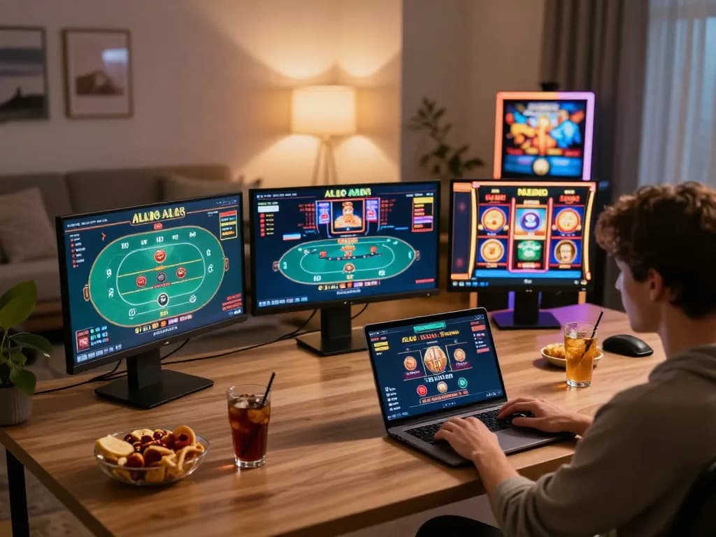 Person enjoying online ALO8 casino games on a laptop in a comfortable home office