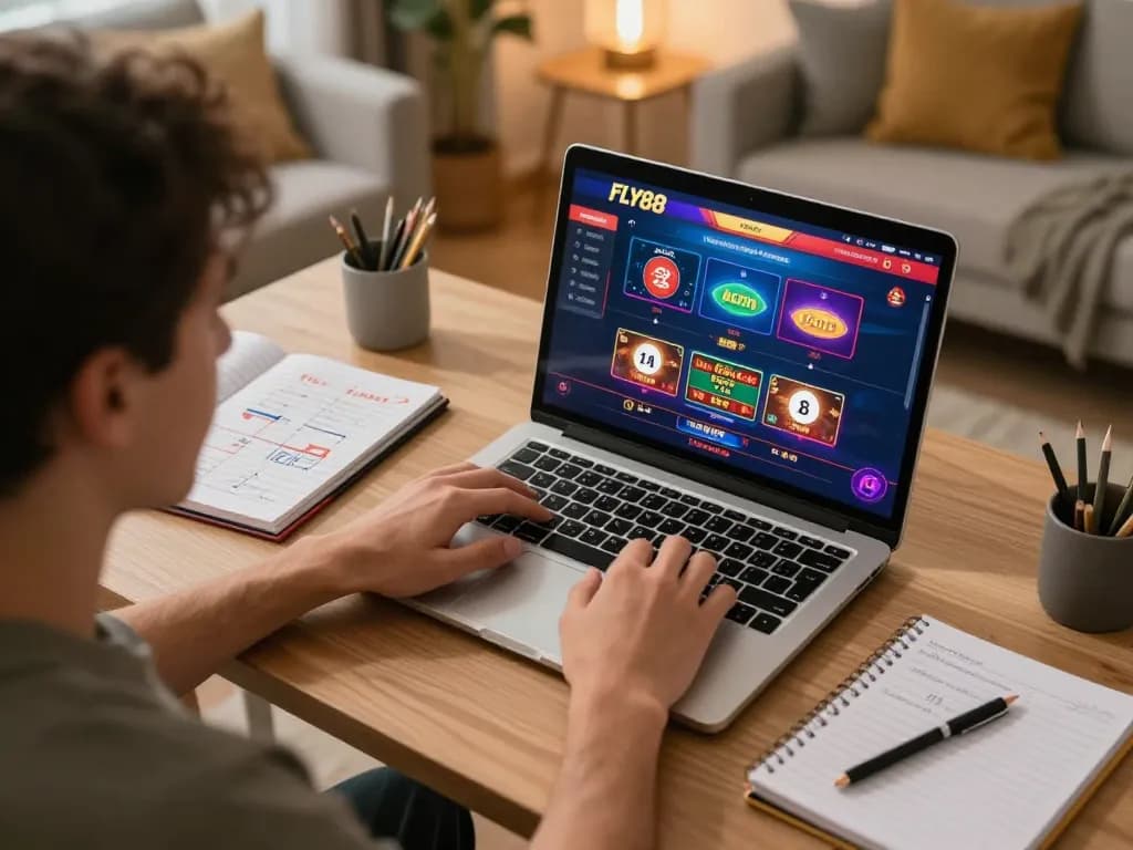 Player engaging with FLY88 online casino games on laptop at home office desk.