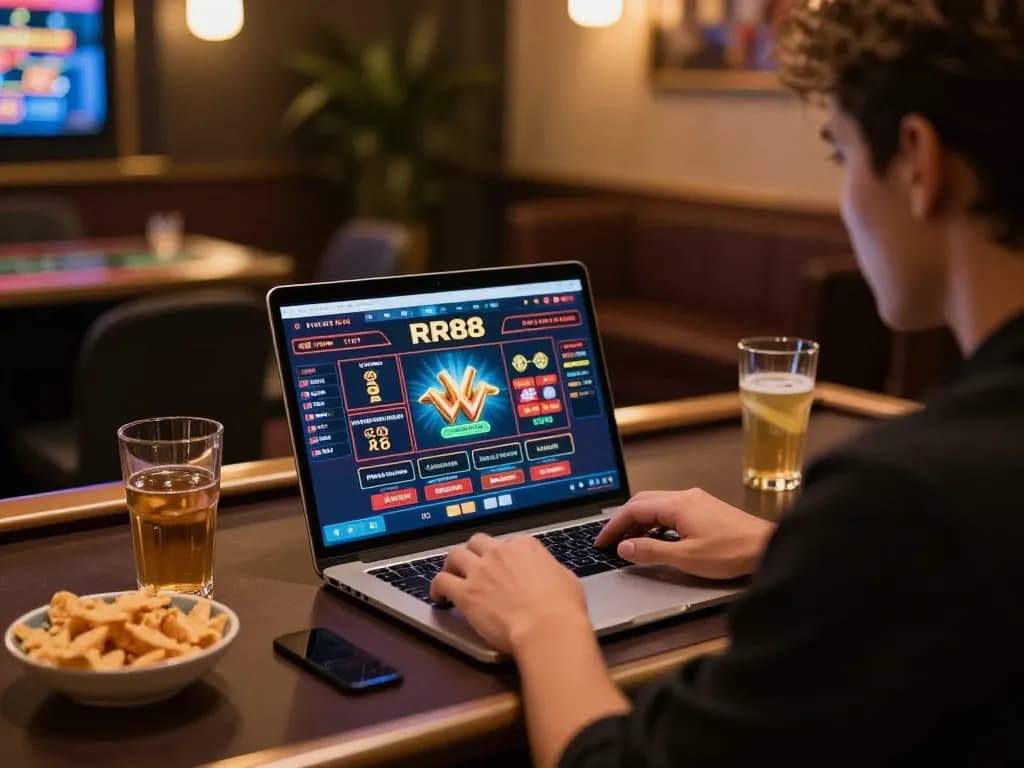 Engage with RR88's online gaming experience using a laptop in a cozy environment.