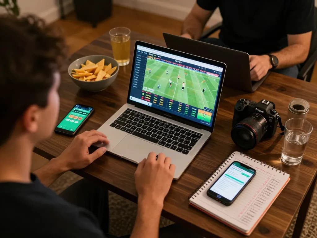 Sit at home and analyze soi kèo with live sports betting on laptop while enjoying snacks and drinks.