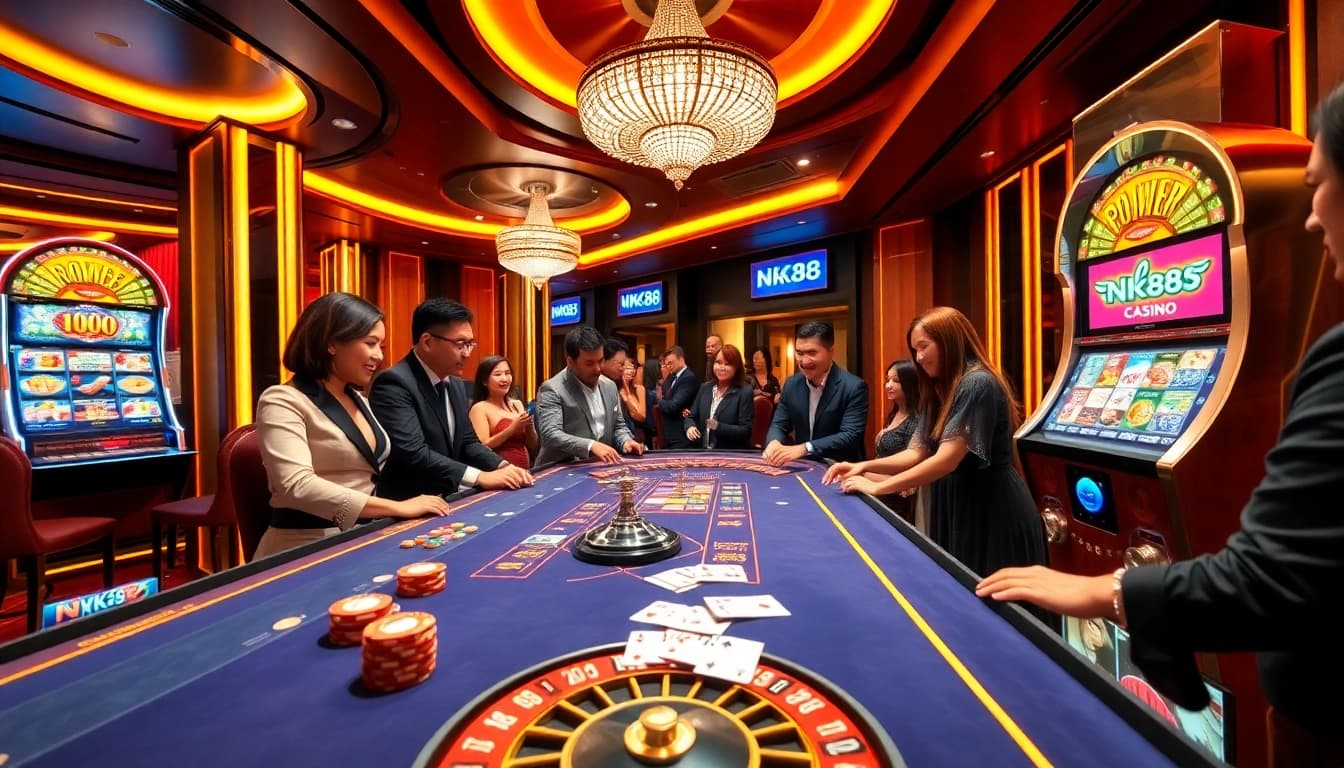 NK88 players enjoying a thrilling game at a luxurious casino table with vibrant poker chips and cards.