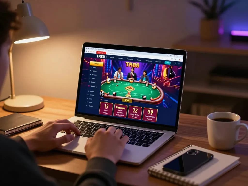 Engaged player enjoying online gaming at https://qtr88.com/ with laptop poker interface and cozy atmosphere.